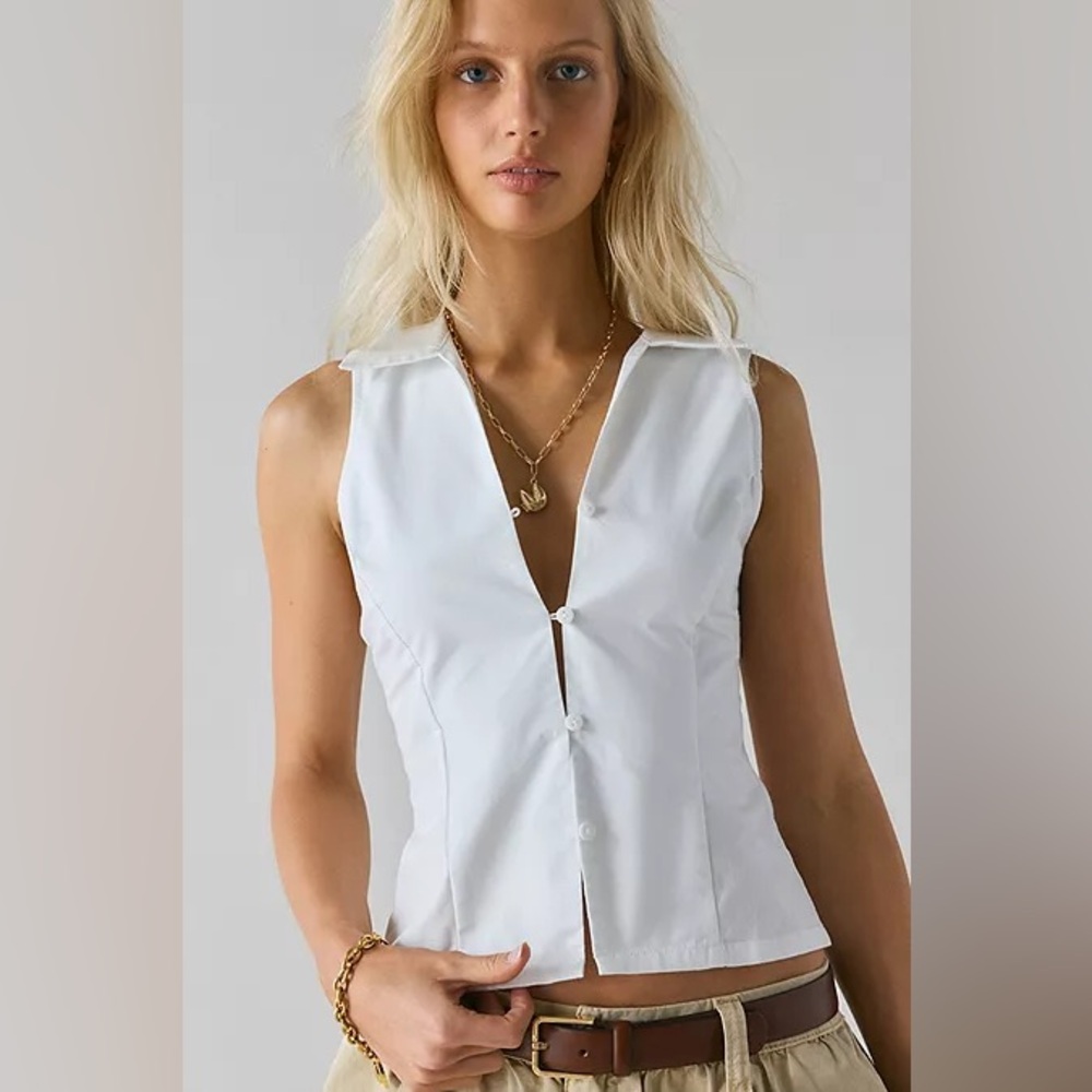 UO Party Girl Cotton-Blend Button Down Sleeveless Shirt